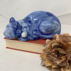 Blue Ceramic Cat Figurine Vintage Blue Napping Ceramic Cat 11”
